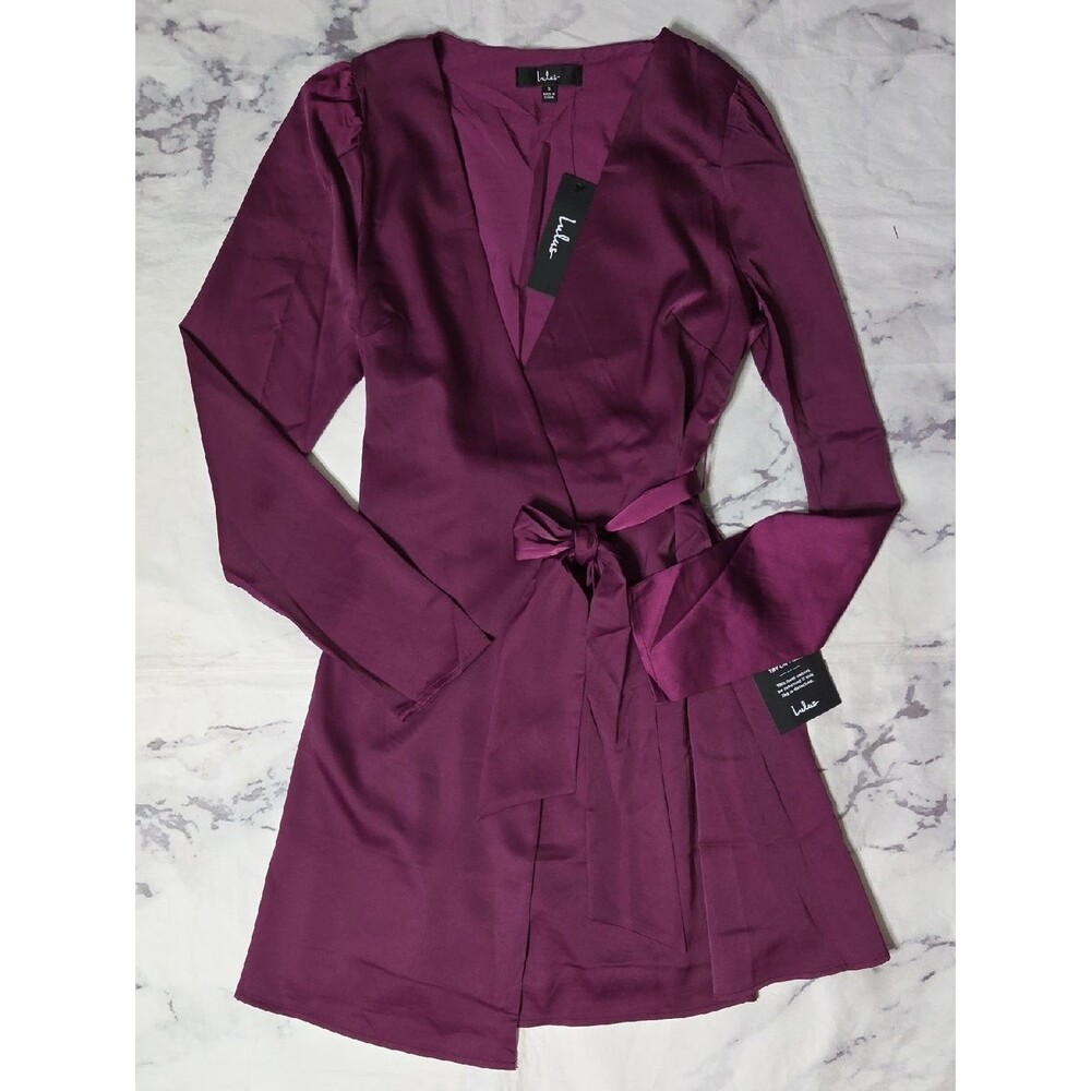Lulus Festive Forever Plum Purple Satin Long Sleeve Wrap Mini Dress